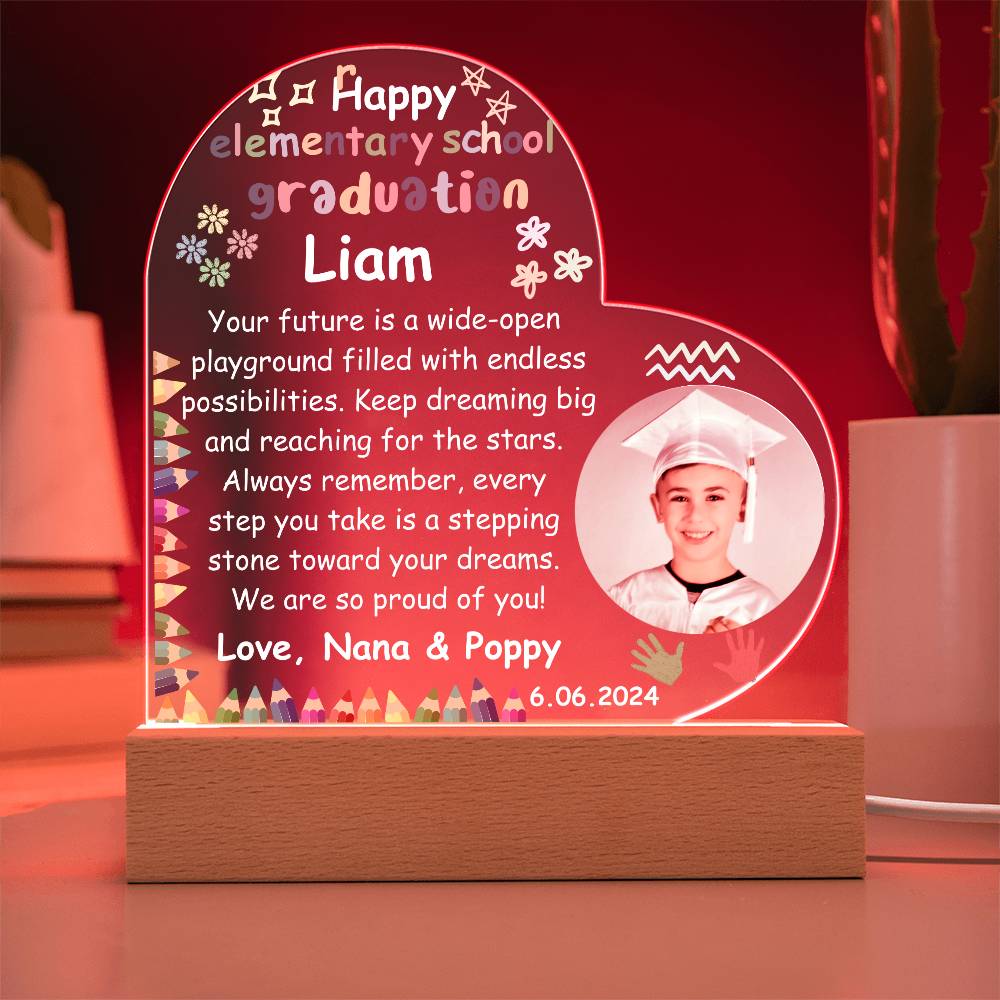 Personalized Photo Elementary School Graduation LED Lighted Heart Acrylic Plaque