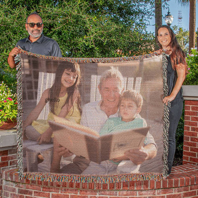 Personalized Grandfather with Grandkids Heirloom Photo Woven Blanket