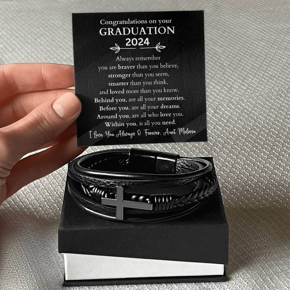 Personalized Graduation Gift Men's Cross Leather Bracelet