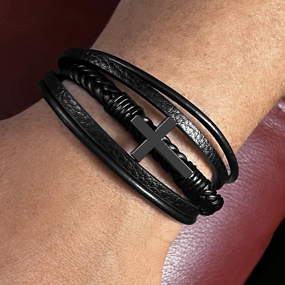 Personalized Son Leather With Cross Bracelet