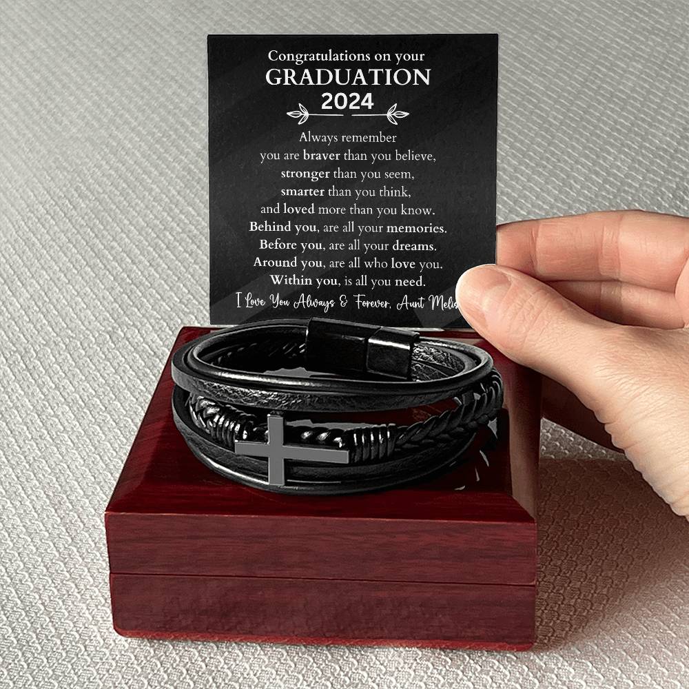 Personalized Graduation Gift Men's Cross Leather Bracelet