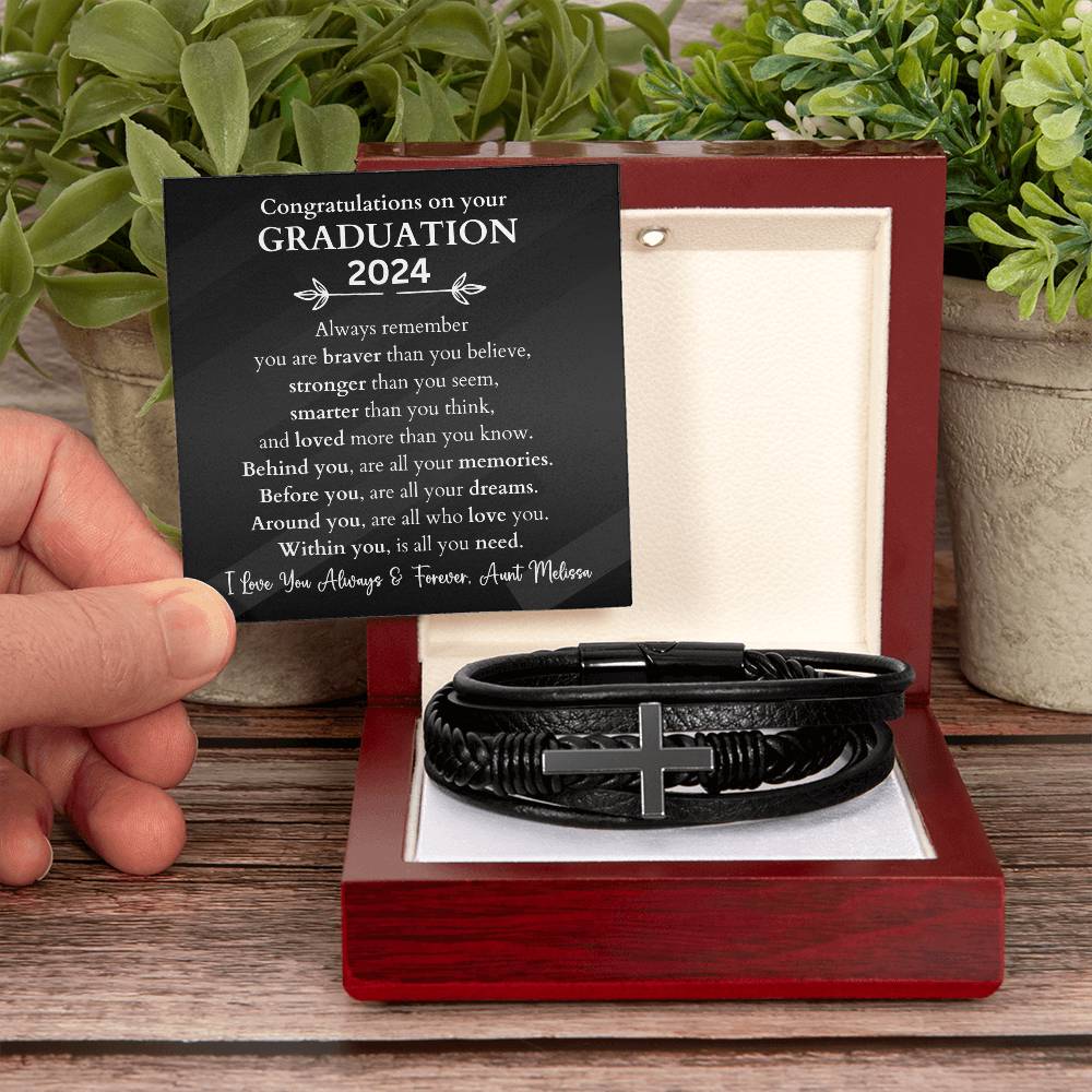 Personalized Graduation Gift Men's Cross Leather Bracelet