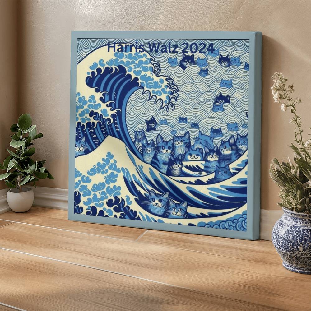 Harris Walz 2024 Election Cat Blue Wave Gallery Wrapped Canvas