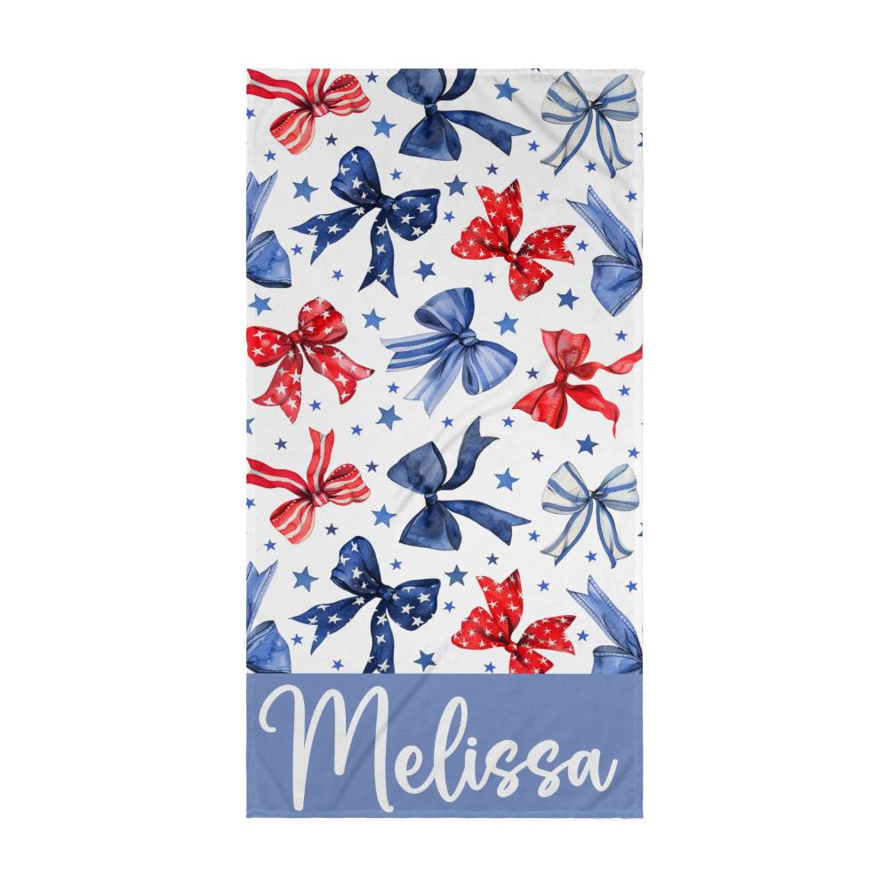 Personalized Red White and Blue Bows Beach and Pool Towel