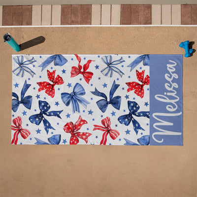 Personalized Red White and Blue Bows Beach and Pool Towel