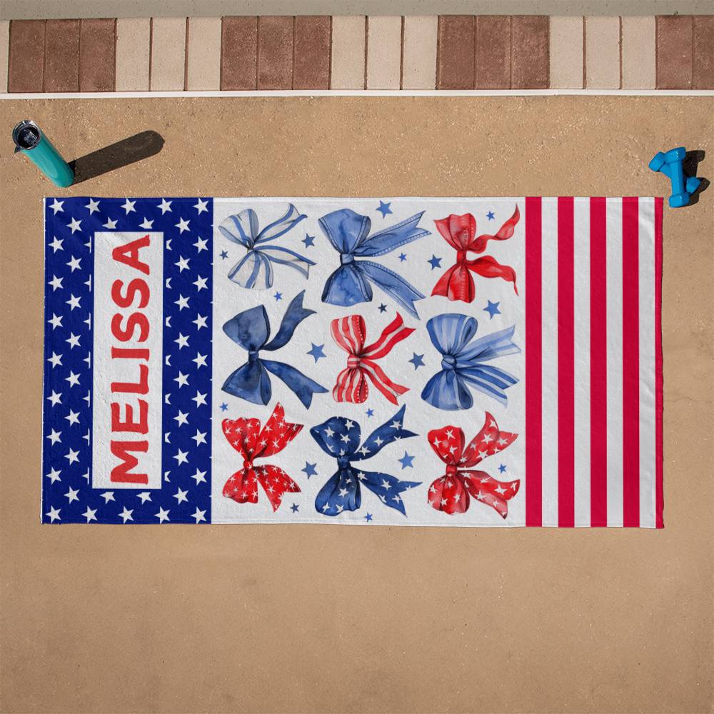 Personalized Stars Stripes & Bows July 4th Patriot Beach-Pool Towel