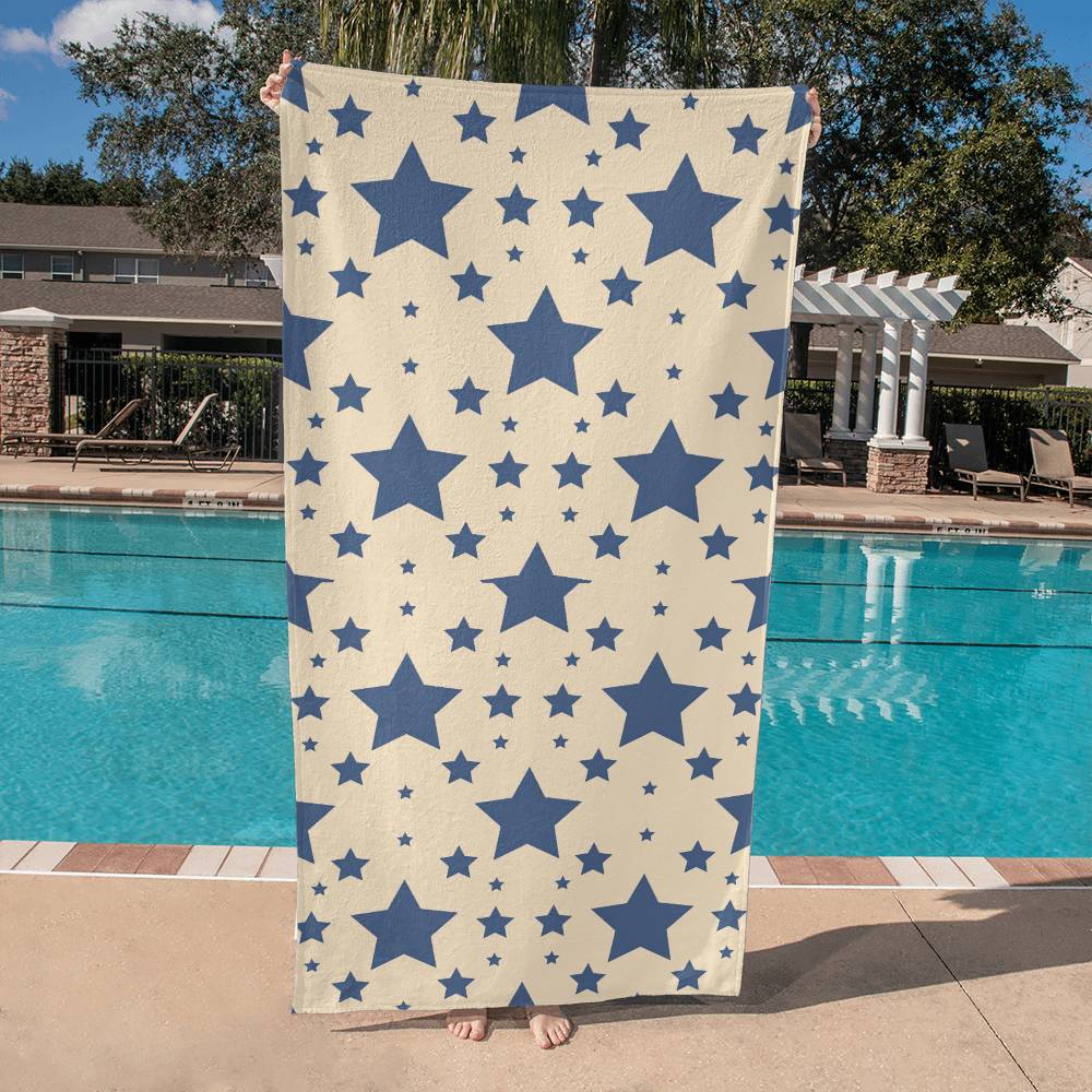 Cream with Denim Blue Stars Beach Towel