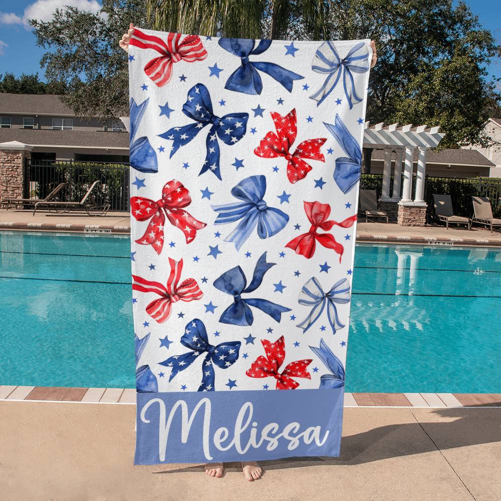 Personalized Red White and Blue Bows Beach and Pool Towel