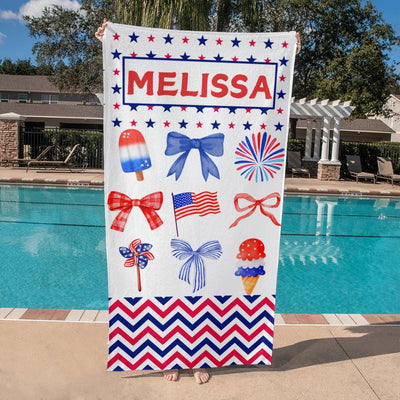 Personalized Stars Stripes & Bows July 4th Patriot Beach-Pool Towel