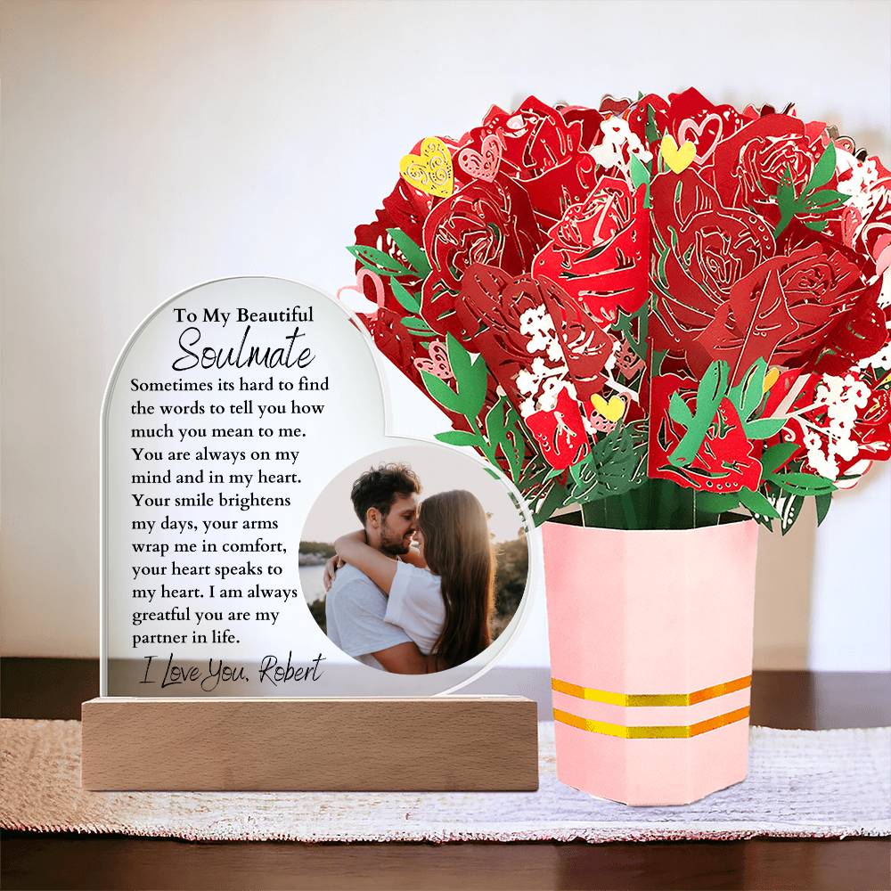 Personalized Soulmate Acrylic LED Lighted Heart Plaque and Sweetest Devotion Bouquet