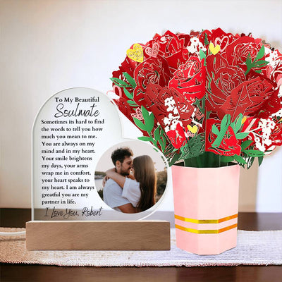 Personalized Soulmate Acrylic LED Lighted Heart Plaque and Sweetest Devotion Bouquet