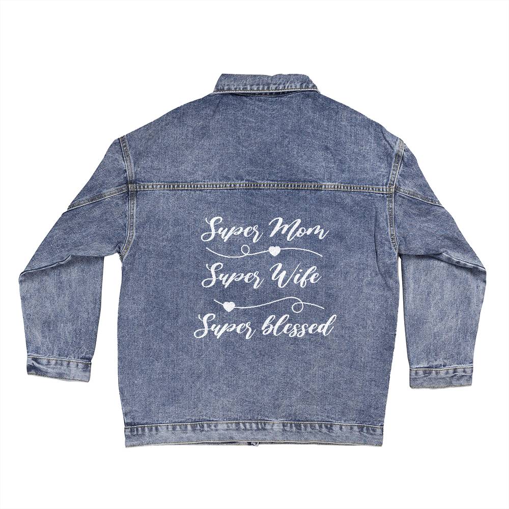 Personalized Super Mom Wife Blessed Oversized Women's DTG Denim Jacket,