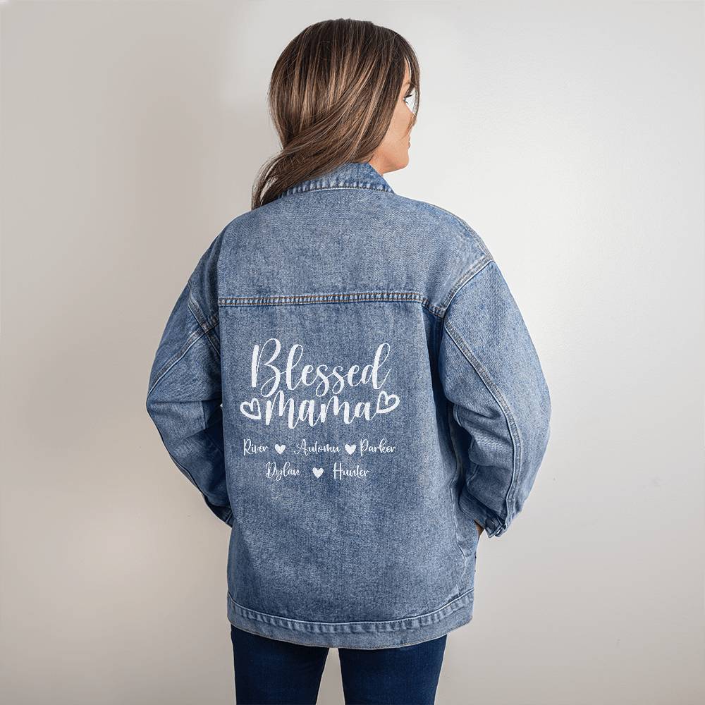 Personalized Blessed Mama Oversized Women's DTG Denim Jacket