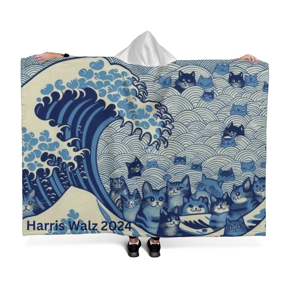 Harris Walz 2024 Election Cat Blue Wave Hooded Sherpa Fleece Blanket