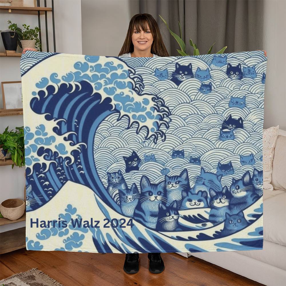 Harris Walz 2024 Election Cat Blue Wave Jersey Fleece Blanket