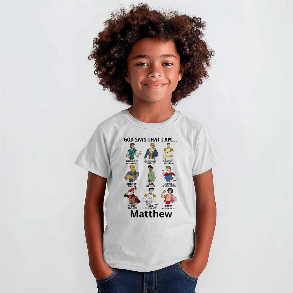 Personalized God Says I Am MK Prince Youth T-Shirt Bella + Canvas