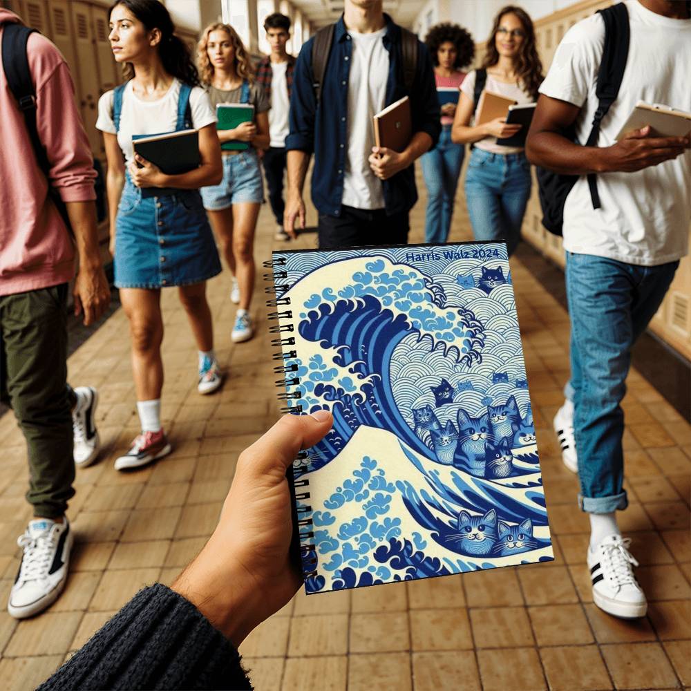 Harris Walz 2024 Election Cat Blue Wave Spiral Notebook