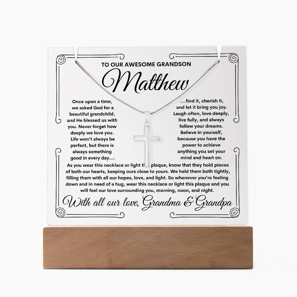 To Grandson From Grandma & Grandpa (or just Grandma or Grandpa) LED Lighted Keepsake Acrylic Plaque & Cross Necklace