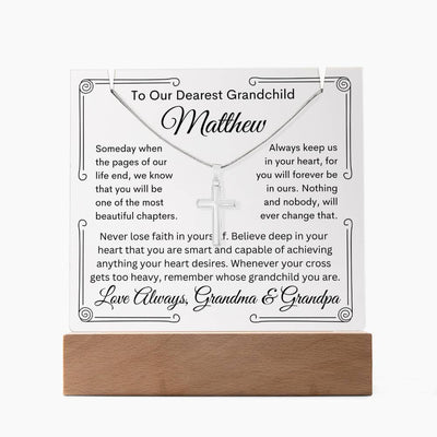 To Grandchild From Grandma or Grandpa or Both Lighted Acrylic Plaque With Cross Necklace