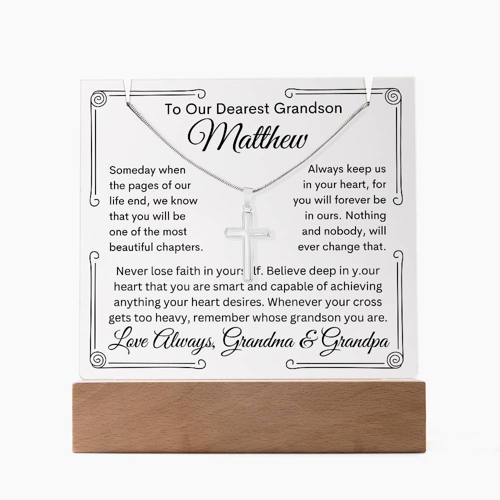 Grandson From Grandma or Grandpa or Both Keepsake Bundle Lighted Acrylic Plaque & Cross Pendant Necklace