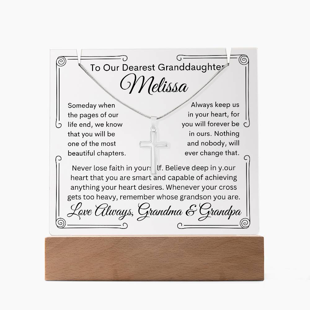 Granddaughter From Grandma or Grandpa or Both Keepsake Bundle Lighted Acrylic Plaque & Cross Pendant Necklace