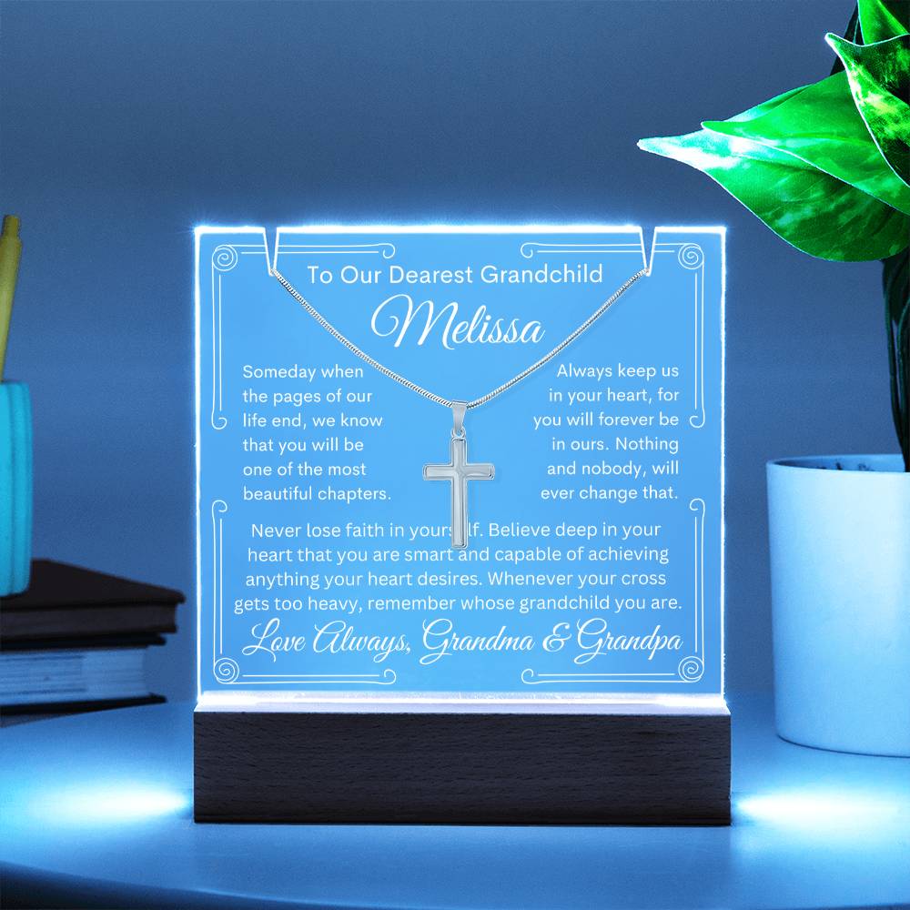 To Grandchild From Grandma or Grandpa or Both Lighted Acrylic Plaque With Cross Necklace