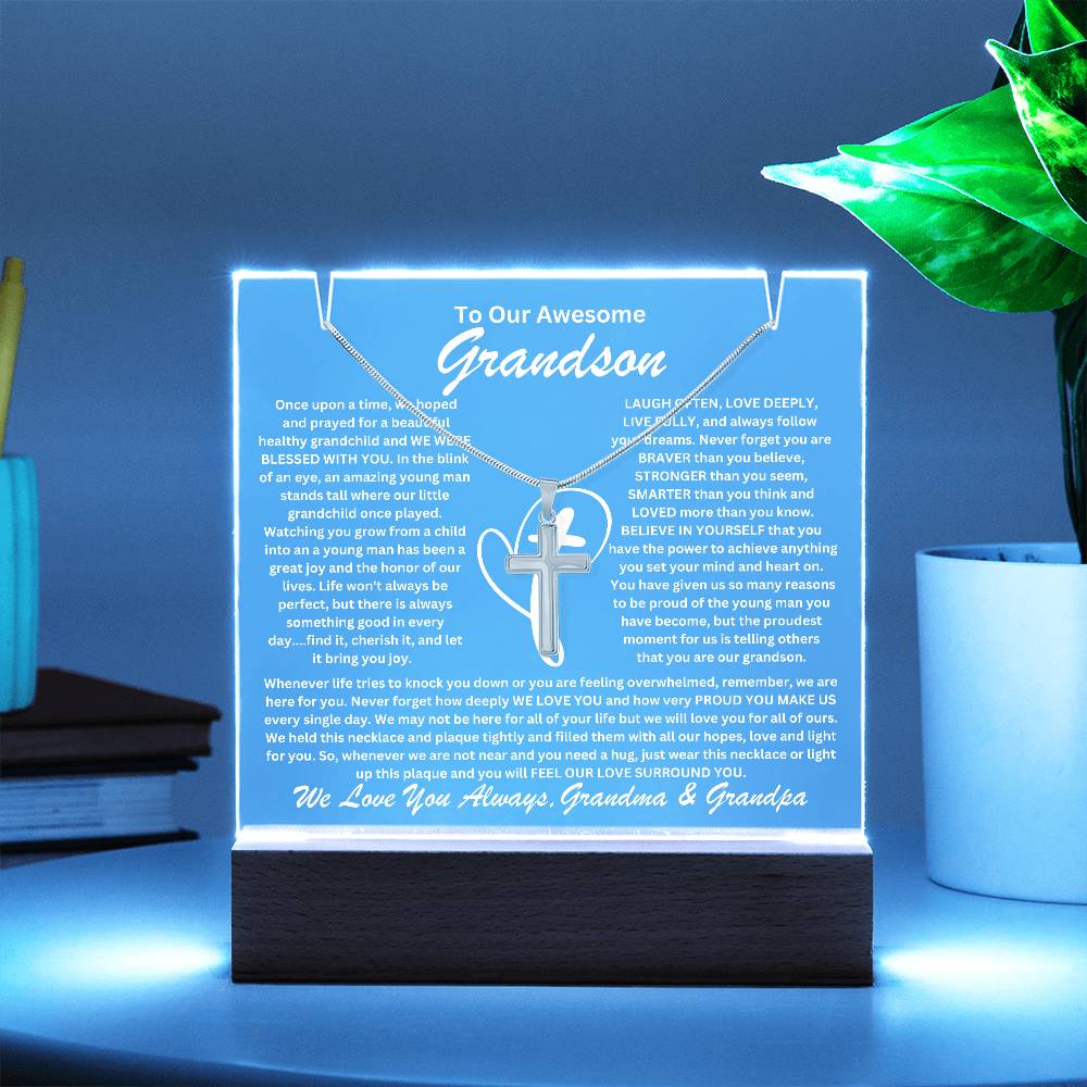 Grandson  From Grandma & Grandpa (or just Grandma or Grandpa) Keepsake LED Lighted Acrylic Plaque & Cross Pendant Necklace