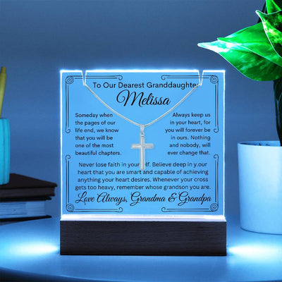 Granddaughter From Grandma or Grandpa or Both Keepsake Bundle Lighted Acrylic Plaque & Cross Pendant Necklace