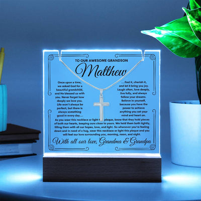 To Grandson From Grandma & Grandpa (or just Grandma or Grandpa) LED Lighted Keepsake Acrylic Plaque & Cross Necklace