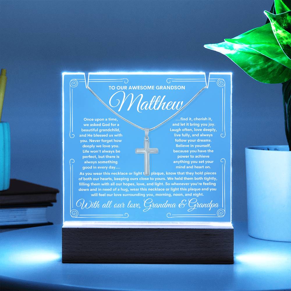 To Grandson From Grandma & Grandpa (or just Grandma or Grandpa) LED Lighted Keepsake Acrylic Plaque & Cross Necklace