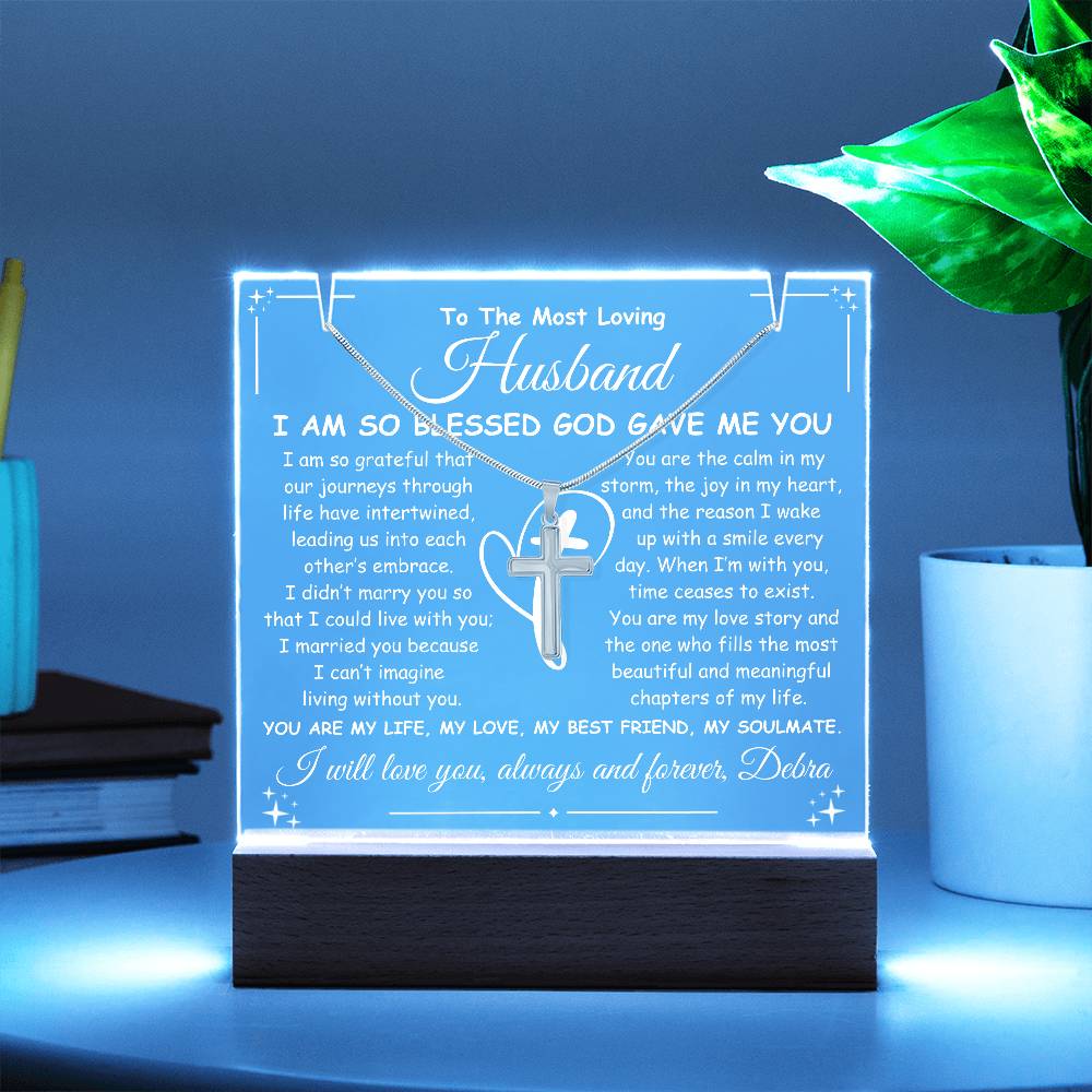 Husband Keepsake LED Lighted Acrylic Plaque & Cross Pendant Necklace