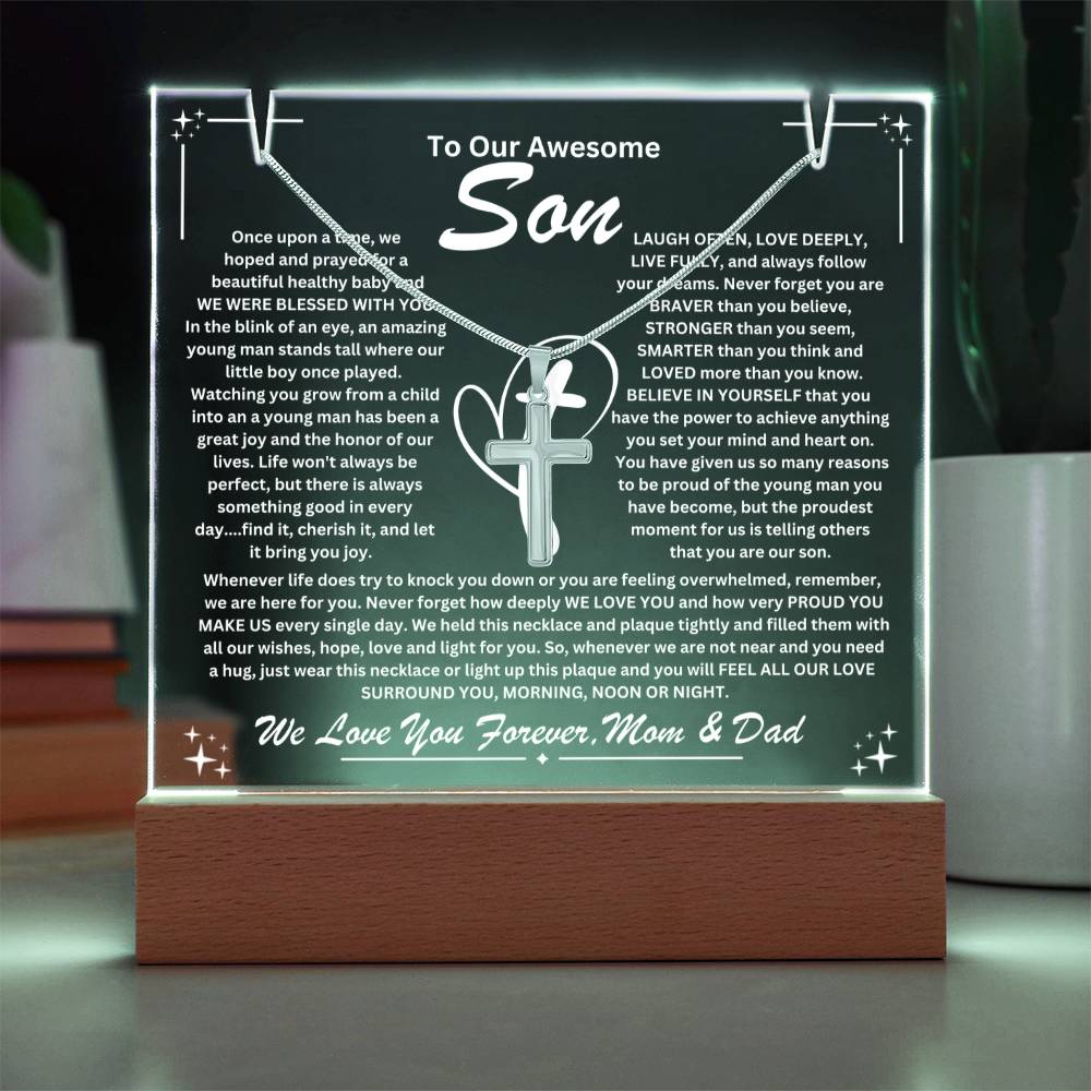 Son From Mom & Dad (or just Mom or Dad) Keepsake LED Lighted Acrylic Plaque & Cross Pendant Necklace