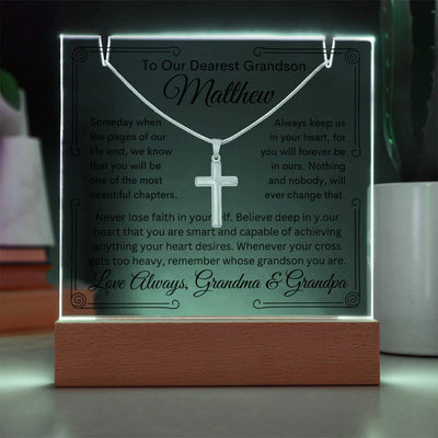 Grandson From Grandma or Grandpa or Both Keepsake Bundle Lighted Acrylic Plaque & Cross Pendant Necklace