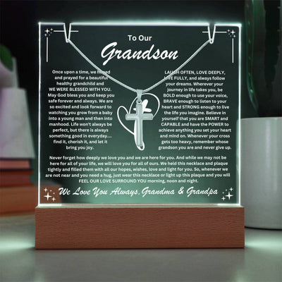 Grandson  From Grandma & Grandpa (or just Grandma or Grandpa) Keepsake LED Lighted Acrylic Plaque & Cross Pendant Necklace