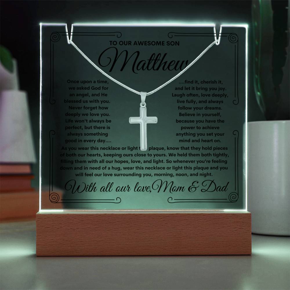 To Son From Mom & Dad (or just Mom or Dad) LED Lighted Keepsake Acrylic Plaque & Cross Necklace