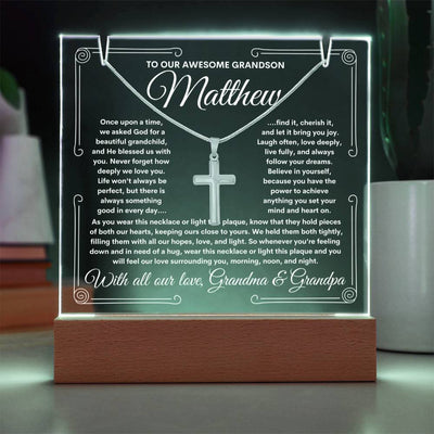 To Grandson From Grandma & Grandpa (or just Grandma or Grandpa) LED Lighted Keepsake Acrylic Plaque & Cross Necklace