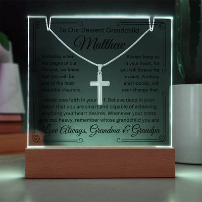 To Grandchild From Grandma or Grandpa or Both Lighted Acrylic Plaque With Cross Necklace