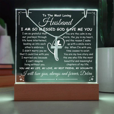 Husband Keepsake LED Lighted Acrylic Plaque & Cross Pendant Necklace