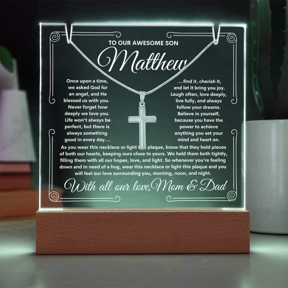 To Son From Mom & Dad (or just Mom or Dad) LED Lighted Keepsake Acrylic Plaque & Cross Necklace