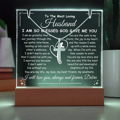 Husband Keepsake LED Lighted Acrylic Plaque & Cross Pendant Necklace