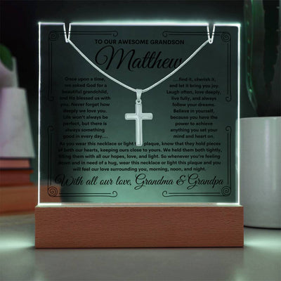 To Grandson From Grandma & Grandpa (or just Grandma or Grandpa) LED Lighted Keepsake Acrylic Plaque & Cross Necklace