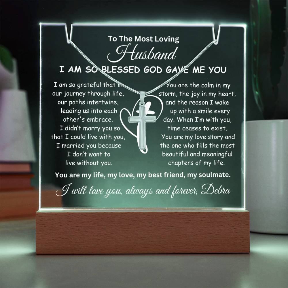 Husband Keepsake LED Lighted Acrylic Plaque With Cross Pendant Necklace