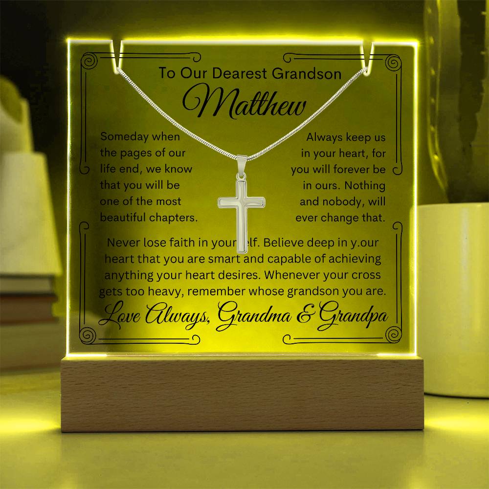 Grandson From Grandma or Grandpa or Both Keepsake Bundle Lighted Acrylic Plaque & Cross Pendant Necklace