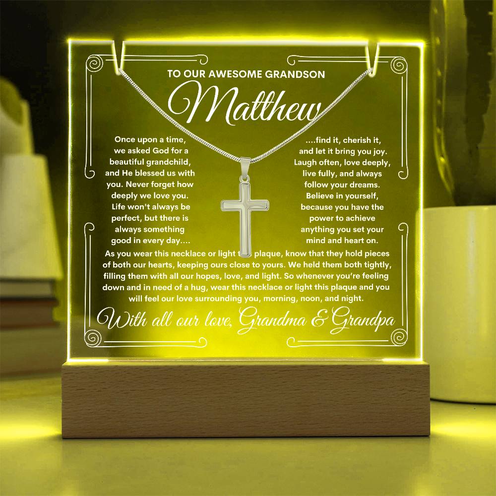 To Grandson From Grandma & Grandpa (or just Grandma or Grandpa) LED Lighted Keepsake Acrylic Plaque & Cross Necklace