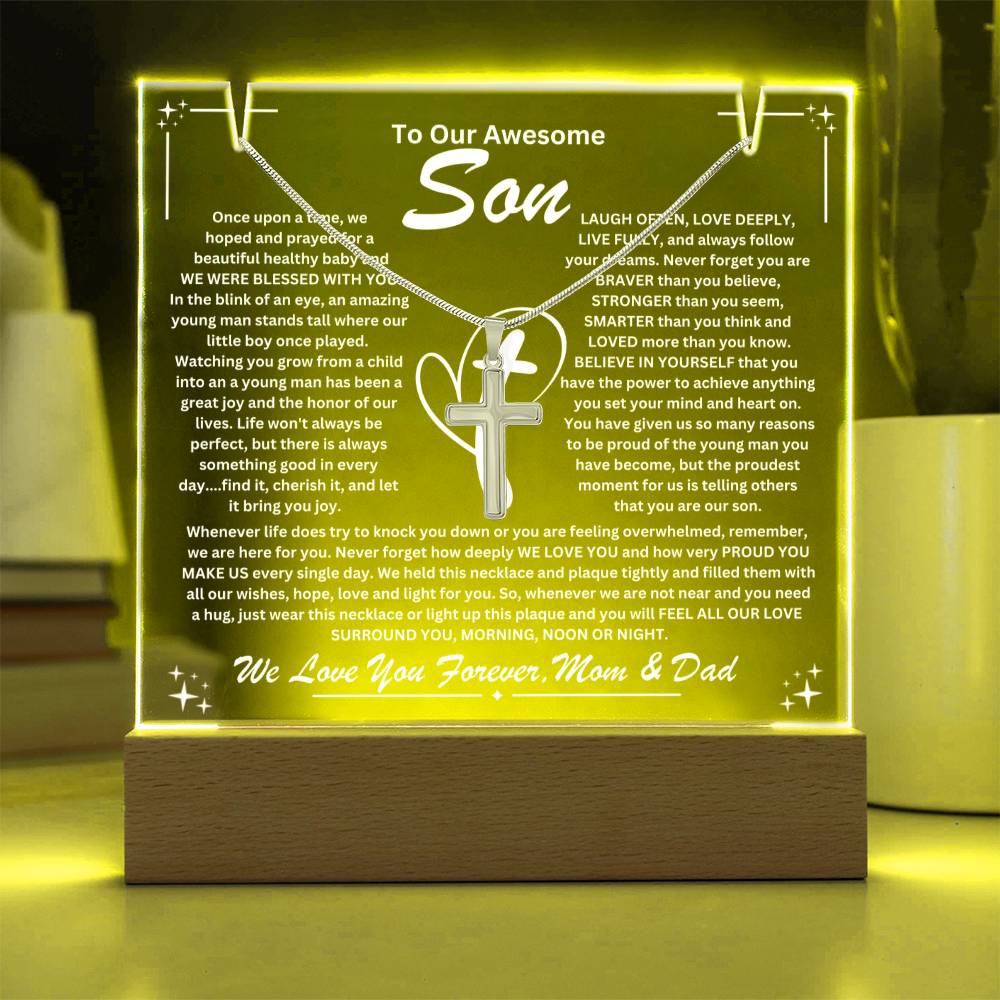 Son From Mom & Dad (or just Mom or Dad) Keepsake LED Lighted Acrylic Plaque & Cross Pendant Necklace