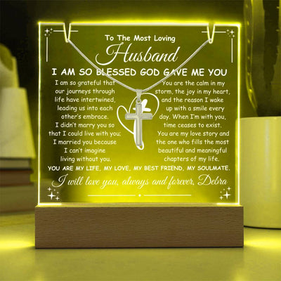 Husband Keepsake LED Lighted Acrylic Plaque & Cross Pendant Necklace