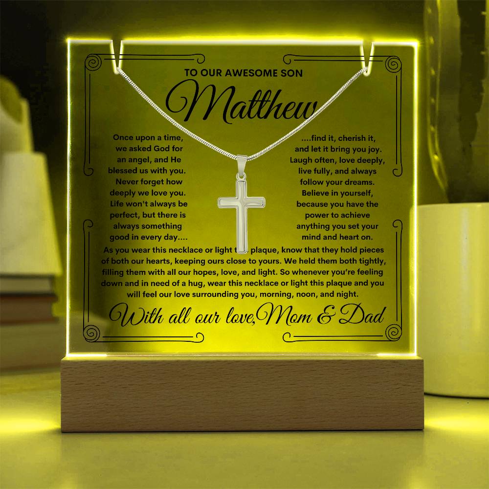 To Son From Mom & Dad (or just Mom or Dad) LED Lighted Keepsake Acrylic Plaque & Cross Necklace