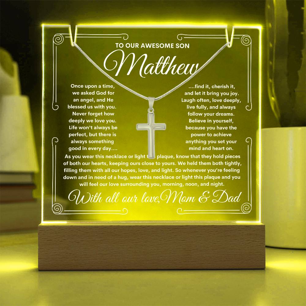 To Son From Mom & Dad (or just Mom or Dad) LED Lighted Keepsake Acrylic Plaque & Cross Necklace