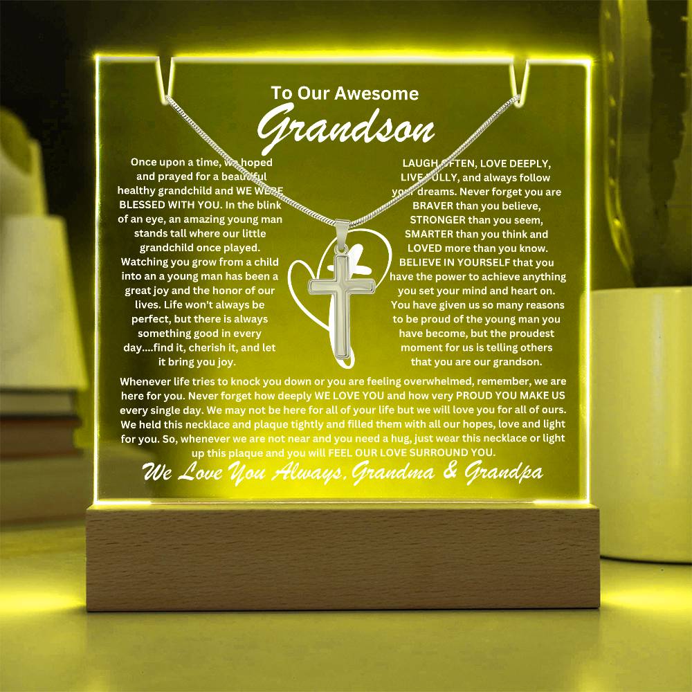 Grandson  From Grandma & Grandpa (or just Grandma or Grandpa) Keepsake LED Lighted Acrylic Plaque & Cross Pendant Necklace