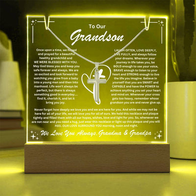 Grandson  From Grandma & Grandpa (or just Grandma or Grandpa) Keepsake LED Lighted Acrylic Plaque & Cross Pendant Necklace